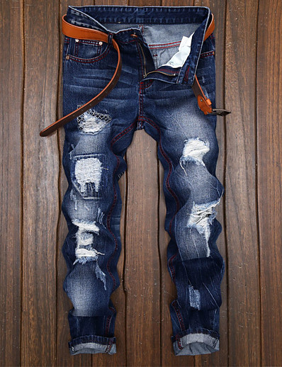 cheap Men-Men&#039;s Vintage Streetwear Pocket Patchwork Jeans Chinos Full Length Pants Micro-elastic Casual Daily Denim Cotton Gradient Mid Waist Slim Deep Blue 28 29 30 31 32