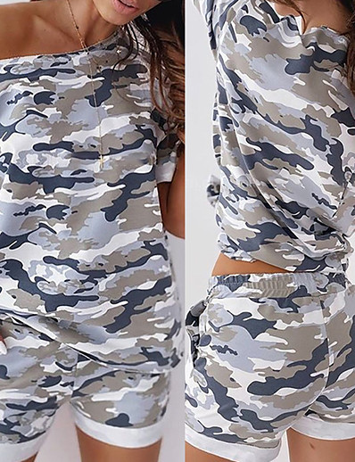 cheap Sports Athleisure-Women&#039;s Sweatsuit 2 Piece Pocket Slash Neck Camouflage Sport Athleisure Clothing Suit Short Sleeves Breathable Soft Comfortable Everyday Use Street Casual Daily Outdoor / Summer