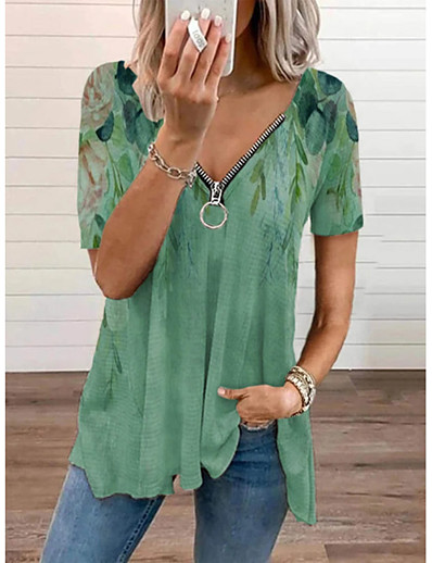 رخيصةأون تيشيرتات-نسائي بلوزة قميص موضوع بوهيمية ورد V رقبة سحاب أساسي قمم أخضر البيج