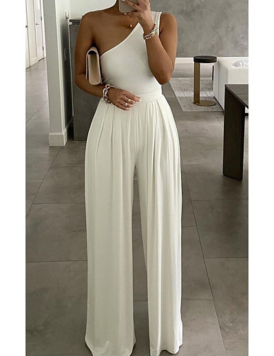 cheap 2022 Trends-Women&#039;s Ordinary One Shoulder Party Street Wide Leg Gray White Black Jumpsuit Print Solid Color