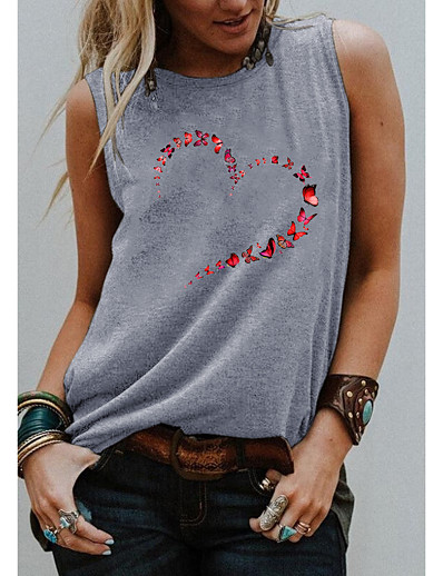 hesapli Askılı Üstler-Kadın&#039;s Kısa Paltolar Yelek T gömlek Grafik Kelebek Kalp Yuvarlak Yaka Desen Temel Üstler Havuz Mor Açık Gri
