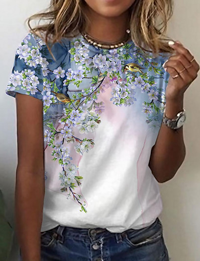 cheap Tees &amp; T Shirts-Women&#039;s Floral Theme Painting T shirt Floral Bird Print Round Neck Basic Tops Blushing Pink Green White