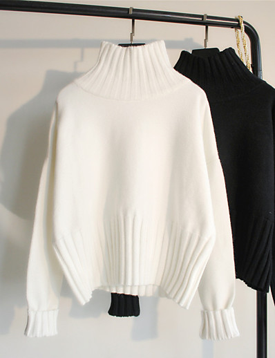 저렴한 스웨터 &amp; 가디건-여성용 풀오버 스웨터 점퍼 한 색상 니트 세련 베이직 캐쥬얼 긴 소매 스웨터 가디건 하이 넥 화이트 블랙 / 루즈핏