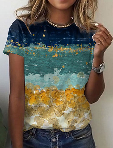 cheap Women-Women&#039;s T shirt Scenery Color Block Print Round Neck Tops Basic Basic Top Blue