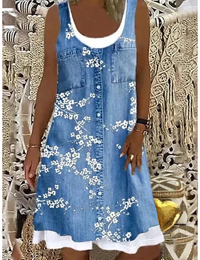 cheap Women-Women&#039;s Knee Length Dress Shift Dress Blue Gray Brown Light Blue Sleeveless Fake two piece Print Floral Boat Neck Spring Summer Casual Modern 2021 Loose S M L XL XXL 3XL 4XL