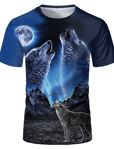billige Herretopper-menns hipster wolf 3d-trykt t-skjorte trykk kortermet mote sommer t-skjorte (blå, 2xl) 3d dyr pluss størrelse rund hals daglige ferie topper
