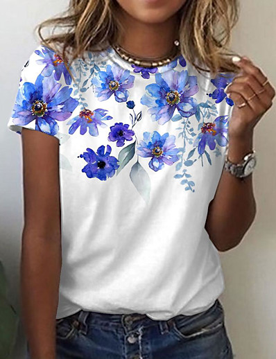 저렴한 기본 티 &amp;티셔츠-여성용 꽃 테마 T 셔츠 플로럴 그래픽 프린트 라운드 넥 베이직 탑스 푸른