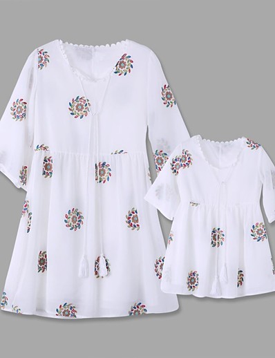 Χαμηλού Κόστους Σετ Ρούχων για την Οικογένεια-Μαμά και εγώ Φορέματα Γραφική Κεντητό Λευκό Αντιστοίχιση ρούχων