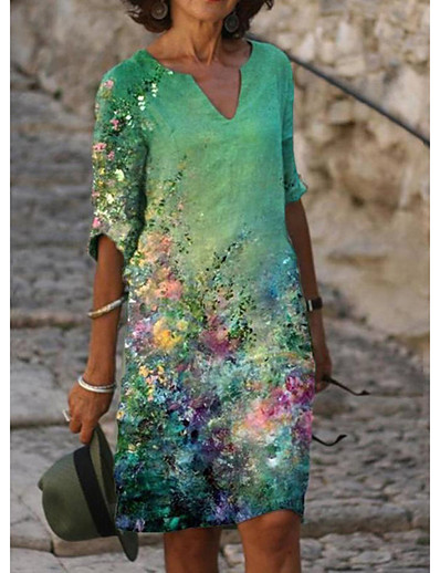 Χαμηλού Κόστους Γυναικεία Φορέματα-Γυναικεία Φόρεμα μέχρι το γόνατο Φόρεμα σε γραμμή Α Θαλασσί Πράσινο του τριφυλλιού Λευκό Μαύρο Πράσινο Ανοικτό Μπεζ Μισό μανίκι Στάμπα Φλοράλ Στάμπα Λαιμόκοψη V Άνοιξη Καλοκαίρι / Φαρδιά