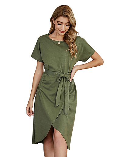 cheap Basic Collection-LITB Basic Women&#039;s Belted Wrap T-Shirt Dress Knee Length Dress Solid Color