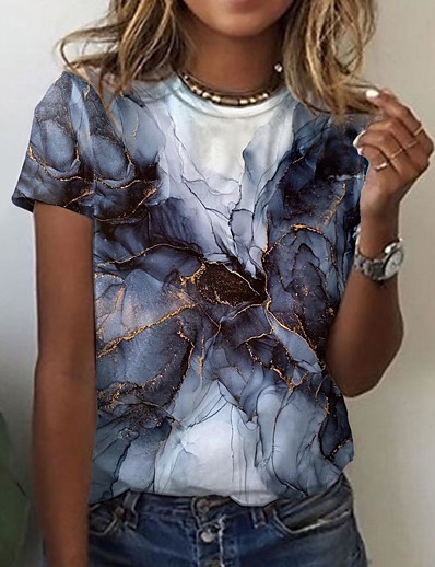 お買い得  レディースＴシャツ-女性用 Tシャツ グラフィック 幾何学的な ラウンドネック プリント ベーシック トップの グレー / 3Dプリント