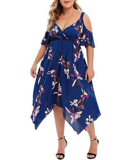 hesapli Büyük Beden Koleksiyonu-Kadın&#039;s Büyük Bedenler Çiçekli Salıncak Elbise V Yaka Yarım Kol Moda Bahar Yaz Günlük Maks haljina Elbise