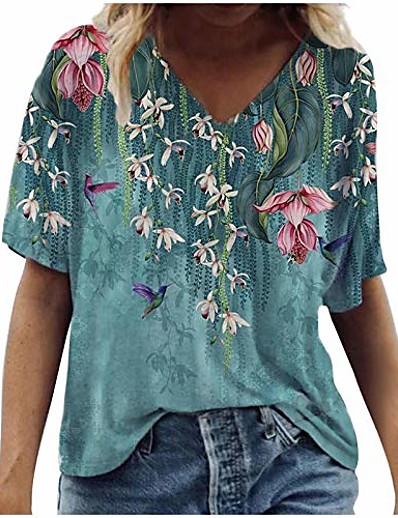 baratos Camisetas &amp; Camisas-Mulheres Tema Flores Camiseta Gráfico Floral Decote V Básico Blusas Azul floral Willow Green Rosa