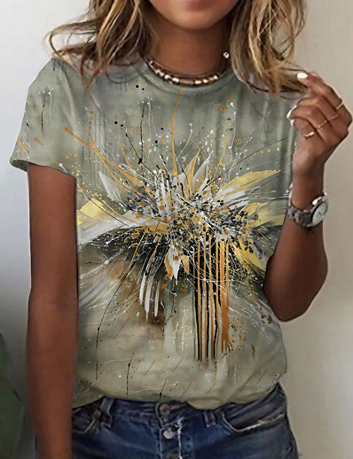 billige T-shirts-Dame T-shirt Grafisk sparkly Graffiti Rund hals Trykt mønster Basale Årgang Toppe Grå / 3D-udskrivning
