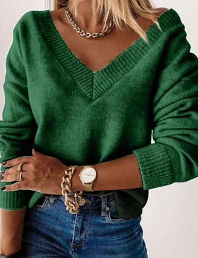저렴한 스웨터 &amp; 가디건-여성용 스웨터 풀오버 점퍼 한 색상 니트 세련 우아함 캐쥬얼 긴 소매 보통 스웨터 가디건 가을 겨울 V 넥 레드 와인 블랙 그레이 / 홀리데이 / 데이트