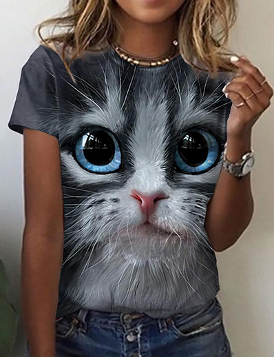 cheap Tees &amp; T Shirts-Women&#039;s 3D Cat T shirt Cat Graphic 3D Print Round Neck Basic Tops Gray