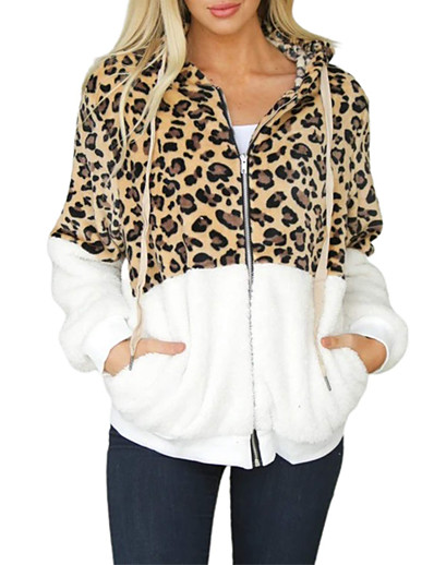 cheap Basic Collection-Women&#039;s Teddy Coat Spring &amp;  Fall Winter Street Daily Regular Coat Warm Sports Regular Fit Sporty Casual Jacket Long Sleeve Patchwork Leopard Green White Red / Fleece / Wet and Dry Cleaning