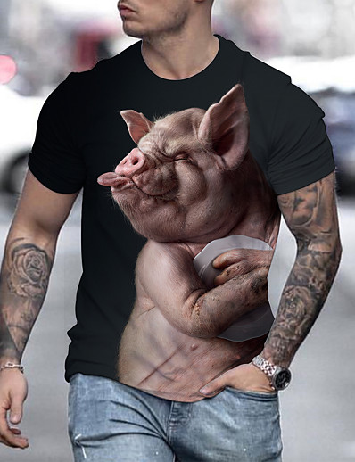cheap Men&#039;s Tees &amp; Tank Tops-Men&#039;s Tee T shirt Graphic 3D Pig 3D Print Round Neck Plus Size Daily Holiday Short Sleeve 3D Print Animal Pattern Tops Casual Streetwear Exaggerated Cool Rainbow