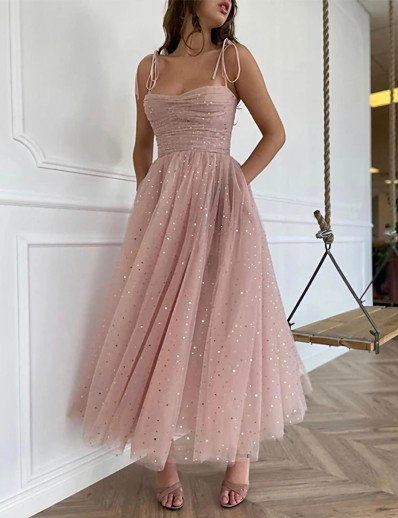 Χαμηλού Κόστους Τάσεις της μόδας 2022-Γυναικεία Μίντι φόρεμα Φόρεμα ριχτό από τη μέση και κάτω Ανθισμένο Ροζ Αμάνικο Δίχτυ Συμπαγές Χρώμα Λεπτές Τιράντες Άνοιξη Καλοκαίρι Πάρτι Κομψό Ρομαντικό 2022 Τ M L XL