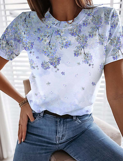 cheap Tees &amp; T Shirts-Women&#039;s T shirt Floral Theme Painting Floral Plants Round Neck Print Basic Tops Blue