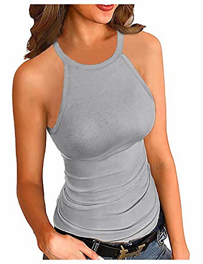 billige Tank Tops-sexede kvinders vest top sommer o-hals solid ærmeløs tunika t-shirts behageligt tøj kvindelig grå