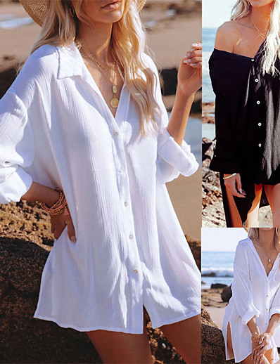 cheap Basic Collection-Women&#039;s Blouse Shirt Long Sleeve Plain V Neck Tropical Hawaiian Beach Tops White Black