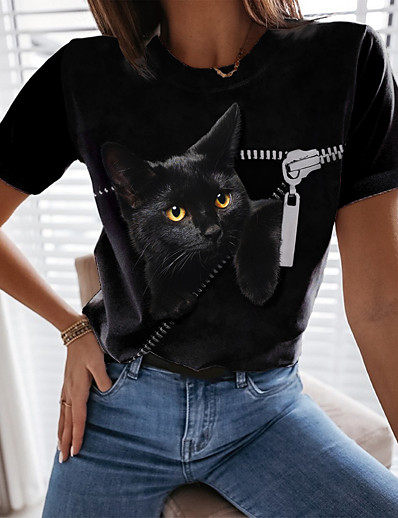 voordelige Damestops-Dames T-shirt 3D Cat Verf Kat 3D dier Ronde hals Opdruk Basic Tops Zwart