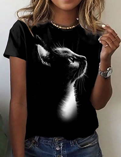 cheap Tees &amp; T Shirts-Women&#039;s T shirt 3D Cat Painting Cat 3D Animal Round Neck Print Basic Tops Regular Fit Black / 3D Print