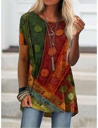 hesapli Tişörtler-Kadın&#039;s T gömlek Elbise tünik T gömlek Grafik Zıt Renkli Yuvarlak Yaka Desen Temel Boho Üstler Havuz Mor Şarap / 3D Baskı