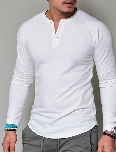 cheap Men&#039;s Tees &amp; Tank Tops-Men&#039;s Tee T shirt Solid Colored Henley Daily Long Sleeve Tops Basic Classic Big and Tall Green White Black / Wet and Dry Cleaning