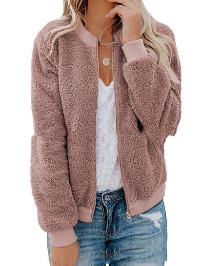 cheap Basic Collection-Women&#039;s Teddy Coat Spring &amp;  Fall Winter Street Daily Regular Coat Warm Sports Regular Fit Sporty Casual Jacket Long Sleeve Oversized Solid Colored Blushing Pink Wine Army Green / Cotton Blend