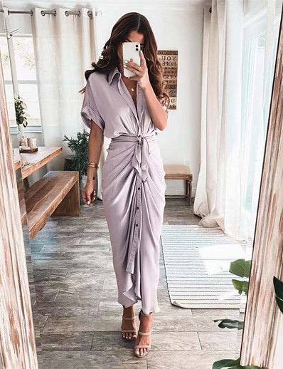 cheap Maxi Dresses-Women&#039;s Maxi long Dress Shirt Dress Green Blue Black Purple Pink Wine Army Green Gold Orange Light gray Short Sleeve Ruched Lace up Button Solid Color Shirt Collar Fall Spring Party Elegant Casual