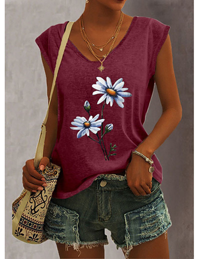 baratos Regatas-Mulheres Malha Íntima Colete Camiseta Flor Decote V Imprimir Roupa de rua Boho Blusas Azul Rosa Cinzento