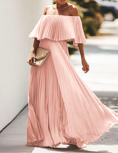 cheap Maxi Dresses-Women&#039;s Maxi long Dress Swing Dress Blue Yellow Blushing Pink Black Rose Red Half Sleeve Ruched Pleated Solid Color Off Shoulder Spring Summer Party Elegant Modern 2021 Regular Fit S M L XL XXL XXXL
