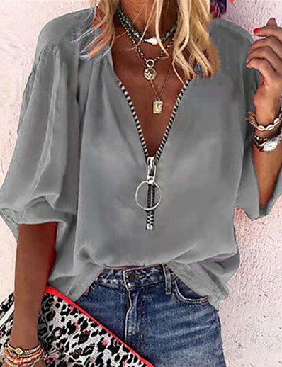 hesapli Bluzlar ve Gömlekler-Kadın&#039;s Bluz Düz V Yaka Fermuar Üstler Gri Beyaz YAKUT