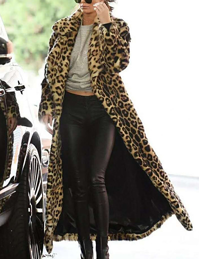 cheap Women-Women&#039;s Faux Fur Coat Fall Winter Street Daily Maxi Coat Windproof Warm Regular Fit Sexy Jacket Long Sleeve Leopard Khaki