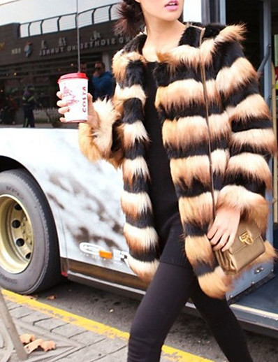 olcso Női szőrmék és bőrök-Női Műszőrme Ősz Tél Hétköznapi viselet Szokványos Kabát V-alakú Normál Alkalmi Zakók Csík Csík Sárga