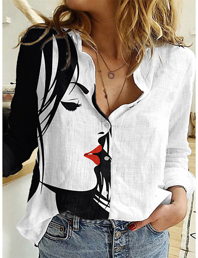 Χαμηλού Κόστους Μπλούζες και πουκάμισα-Γυναικεία Μπλούζα Πουκάμισο Πορτραίτο Αφηρημένο Πορτραίτο Κολάρο Πουκαμίσου Κουμπί Στάμπα Καθημερινό Κομψό στυλ street Άριστος Θαλασσί Λευκό / 3D εκτύπωση