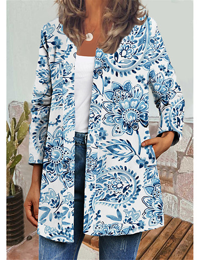 cheap Jackets-Women&#039;s Jacket Autumn / Fall Winter Daily Holiday Regular Coat Round Neck Open Front Regular Fit Casual Jacket Long Sleeve Print Floral Blue White