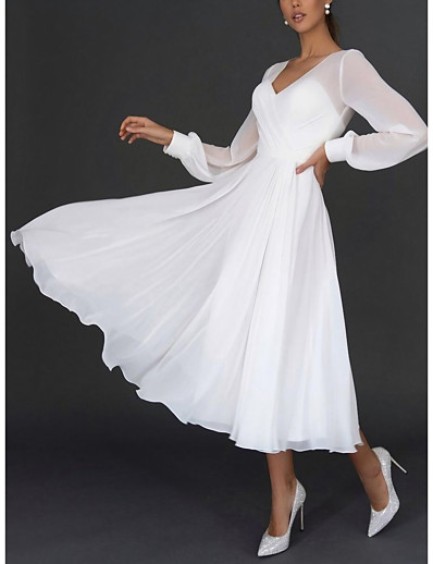 billige 2022 Trends-Dame Maxi lang kjole Swing Kjole Hvid Langærmet Pak ind Helfarve V-hals Efterår Forår Fest Elegant Romantik 2022 S M L XL XXL