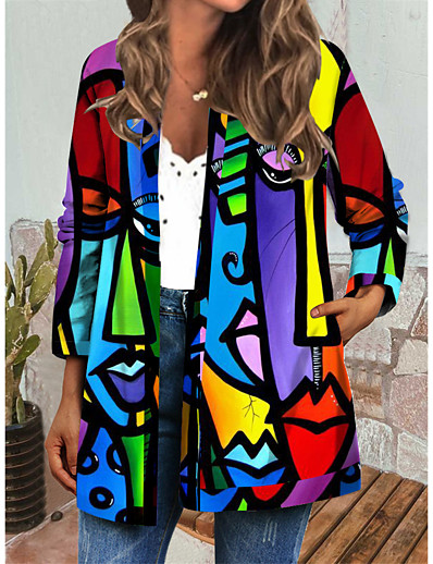 cheap Jackets-Women&#039;s Jacket Autumn / Fall Winter Daily Holiday Regular Coat Windproof Regular Fit Casual Jacket Long Sleeve Print Color Block Portrait Blue Purple
