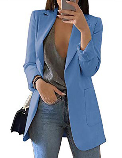 저렴한 블레이저-여성용 블레이져 클래식 한 색상 시크&amp;모던 긴 소매 코트 캐쥬얼 가을 봄 보통 전면 오픈 자켓 푸른 / 일상 / 주머니