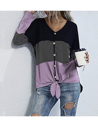 cheap Basic Collection-Women&#039;s T shirt Long Sleeve Plain Striped V Neck Sexy Tops Black / Dry flat