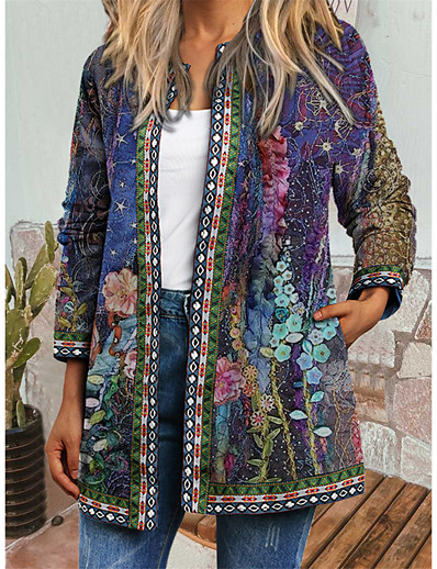 cheap Coats &amp; Trench Coats-Women&#039;s Coat Spring &amp;  Fall Winter Daily Holiday Regular Coat Regular Fit Casual Jacket Long Sleeve Print Floral Blue