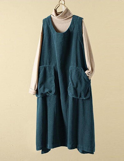 hesapli Büyük Beden Koleksiyonu-Kadın&#039;s Büyük Bedenler Tek Renk Vardiyalı Elbise Yuvarlak Yaka Kolsuz Günlük Seksi Sonbahar Kış Günlük Haljina do koljena Elbise