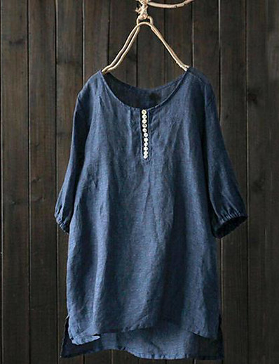 ieftine Bluze Mărime Plus-Pentru femei Plus Size Topuri Bluză Cămașă Culoare solidă Manșon Jumate Rotund Bumbac Și Lenjerie Casual Roz Îmbujorat Bleumarin / Mărime Plus