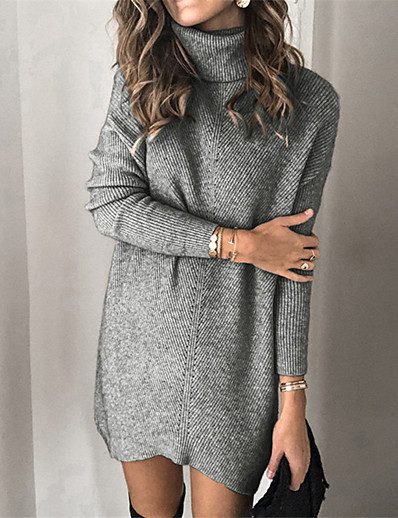 저렴한 스웨터 &amp; 가디건-여성용 스웨터 드레스 한 색상 니트 세련 베이직 우아함 긴 소매 보통 스웨터 가디건 가을 겨울 터틀넥 푸른 블랙 와인 / 데이트