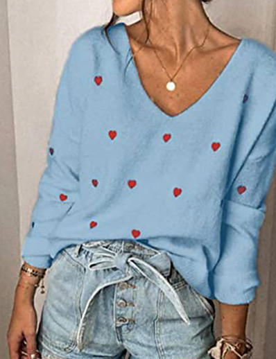 저렴한 스웨터 &amp; 가디건-여성용 풀오버 스웨터 사랑 캐쥬얼 긴 소매 스웨터 가디건 V 넥 푸른 클로버 화이트