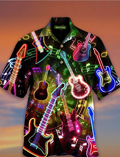 cheap Men-Men&#039;s Shirt Musical Instrument 3D Print Turndown Holiday Short Sleeve 3D Print Tops Beach Black