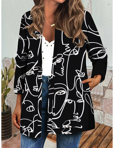 hesapli Ceketler-Kadın&#039;s Ceketler Sonbahar Kış Günlük Tatil Normal Ceket Rüzgar Geçirmez Normal Günlük Ceketler Uzun Kollu Desen Portre Beyaz Siyah
